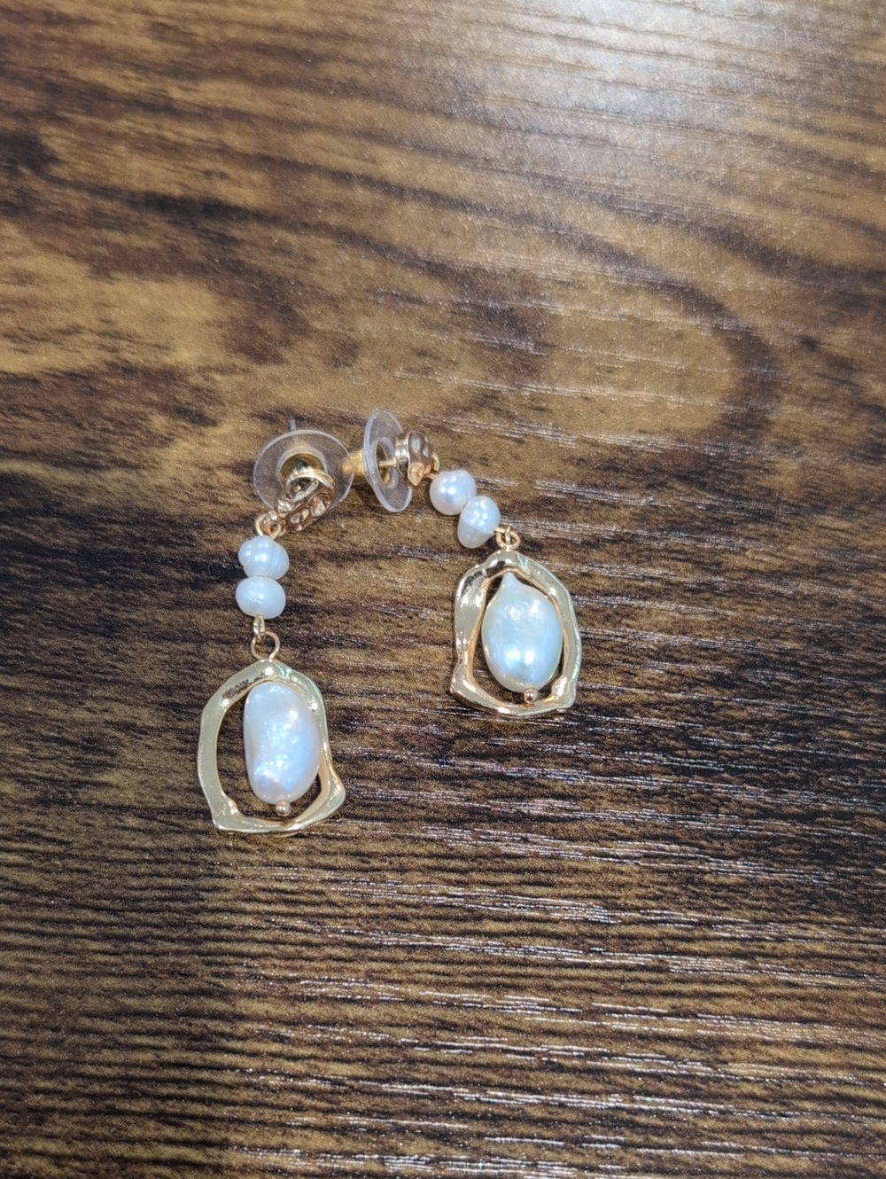 Gold Pearl Drop Earrings with White Baroque Pearls